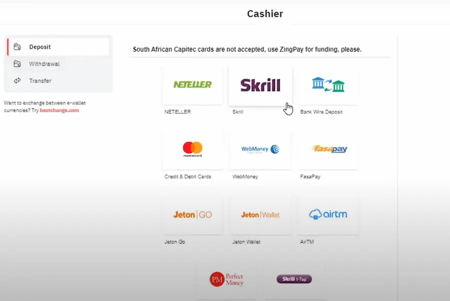 select Deriv deposit method